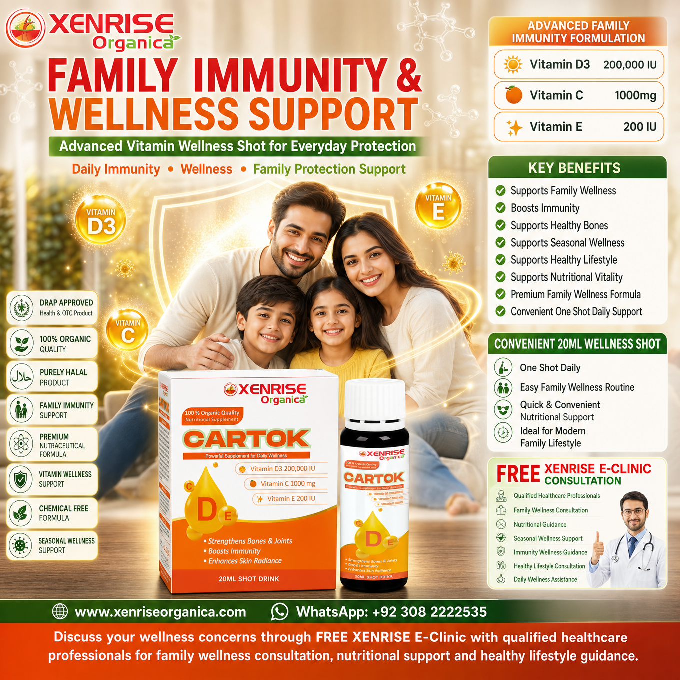 CARTOK – Vitamin D3 + C + E Nutritional Supplement 20ml Shot Drink | Xenrise Organica