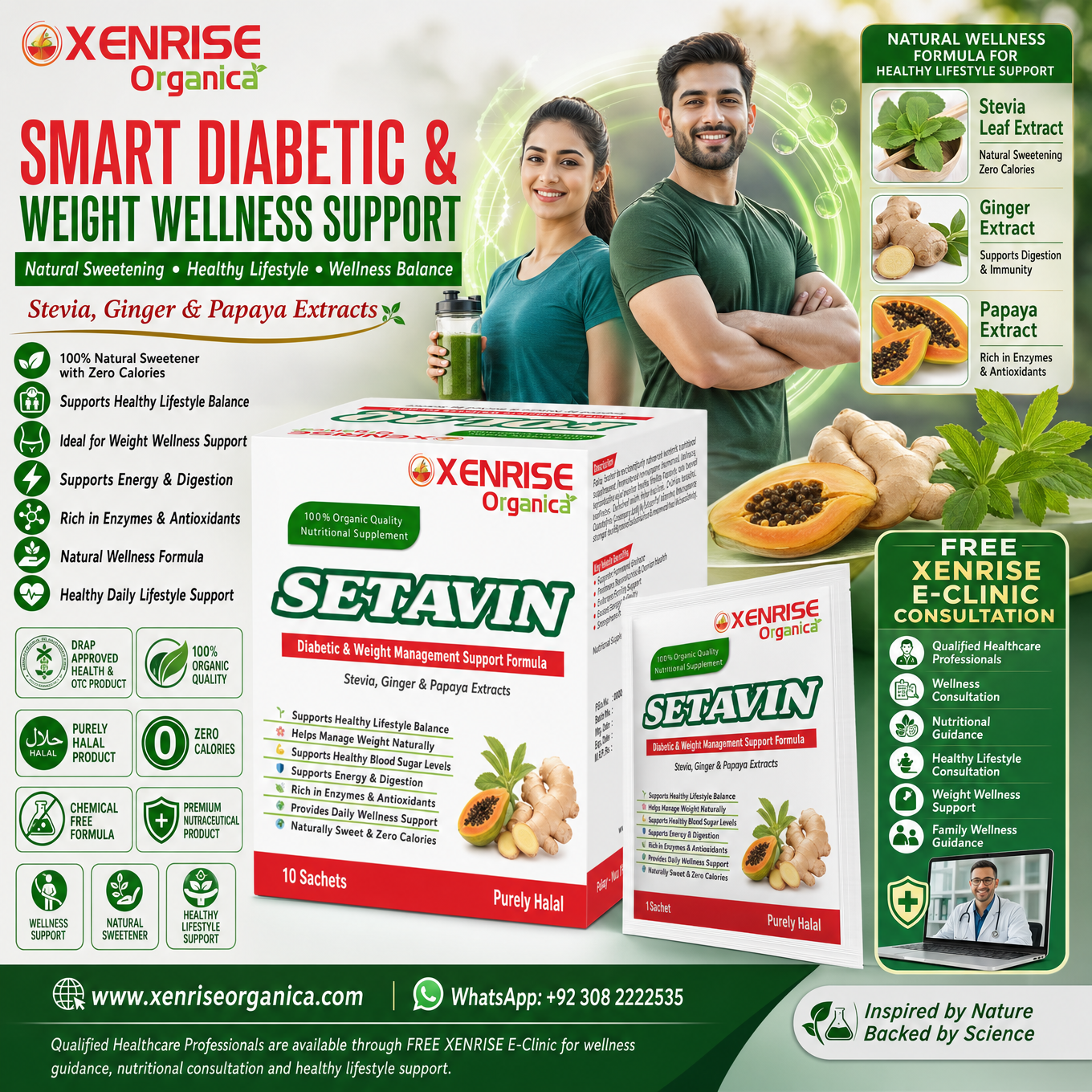 SETAVIN β Stevia, Ginger & Papaya Extracts | Naturally Sweetened Organic Supplement | XENRISE Organica