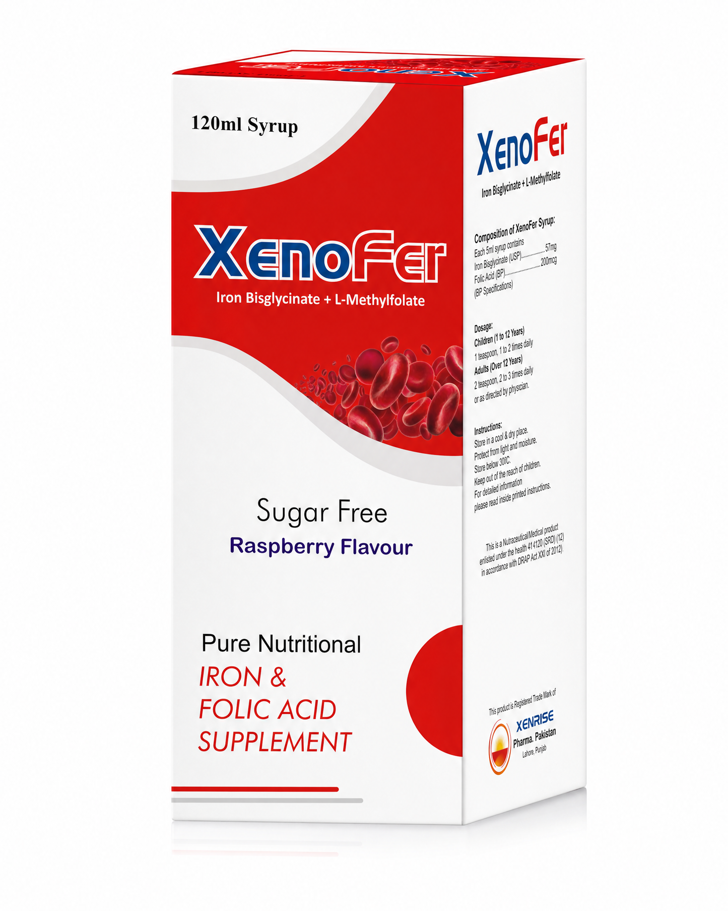 XENOFER SYRUP | Iron Bisglycinate + L-Methylfolate | Sugar-Free Raspberry Flavour Iron & Folic Acid Supplement for Healthy Blood, Energy & Wellness | XENRISE Pharma, Pakistan