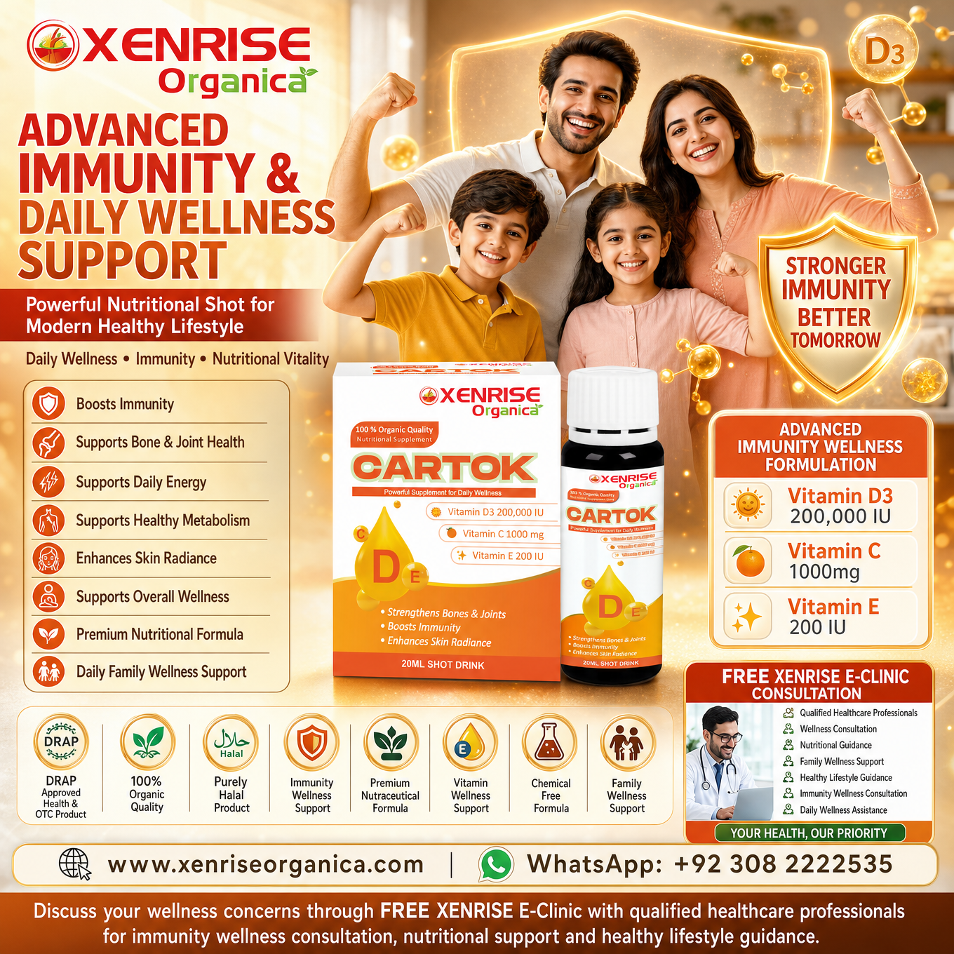 CARTOK – Vitamin D3 + C + E Nutritional Supplement 20ml Shot Drink | Xenrise Organica