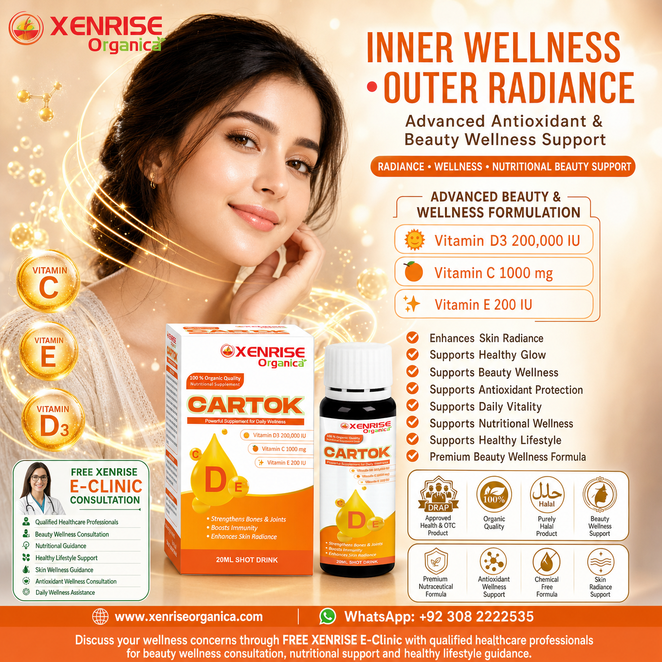 CARTOK – Vitamin D3 + C + E Nutritional Supplement 20ml Shot Drink | Xenrise Organica