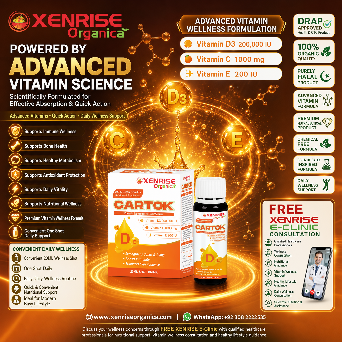 CARTOK – Vitamin D3 + C + E Nutritional Supplement 20ml Shot Drink | Xenrise Organica