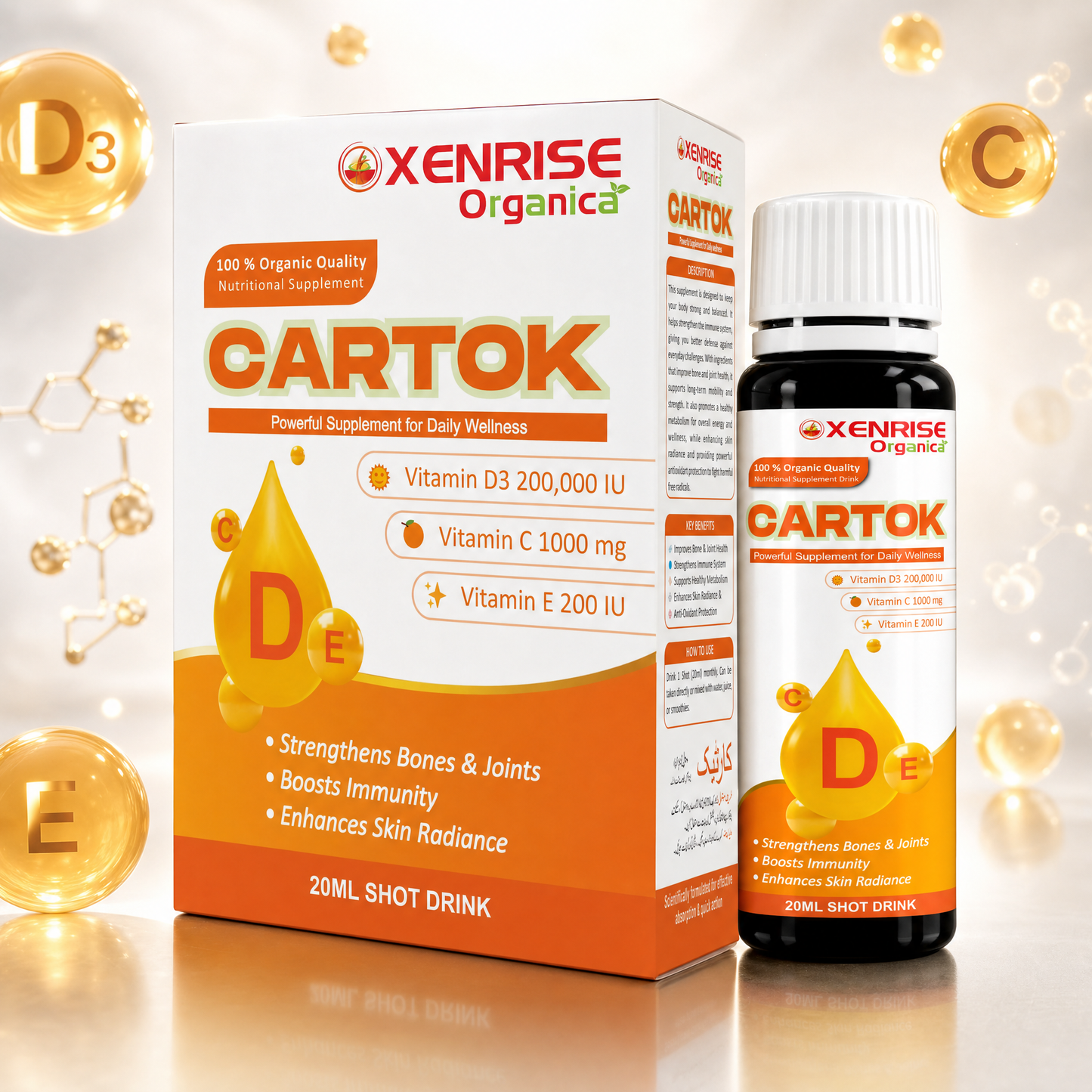 CARTOK – Vitamin D3 + C + E Nutritional Supplement 20ml Shot Drink | Xenrise Organica
