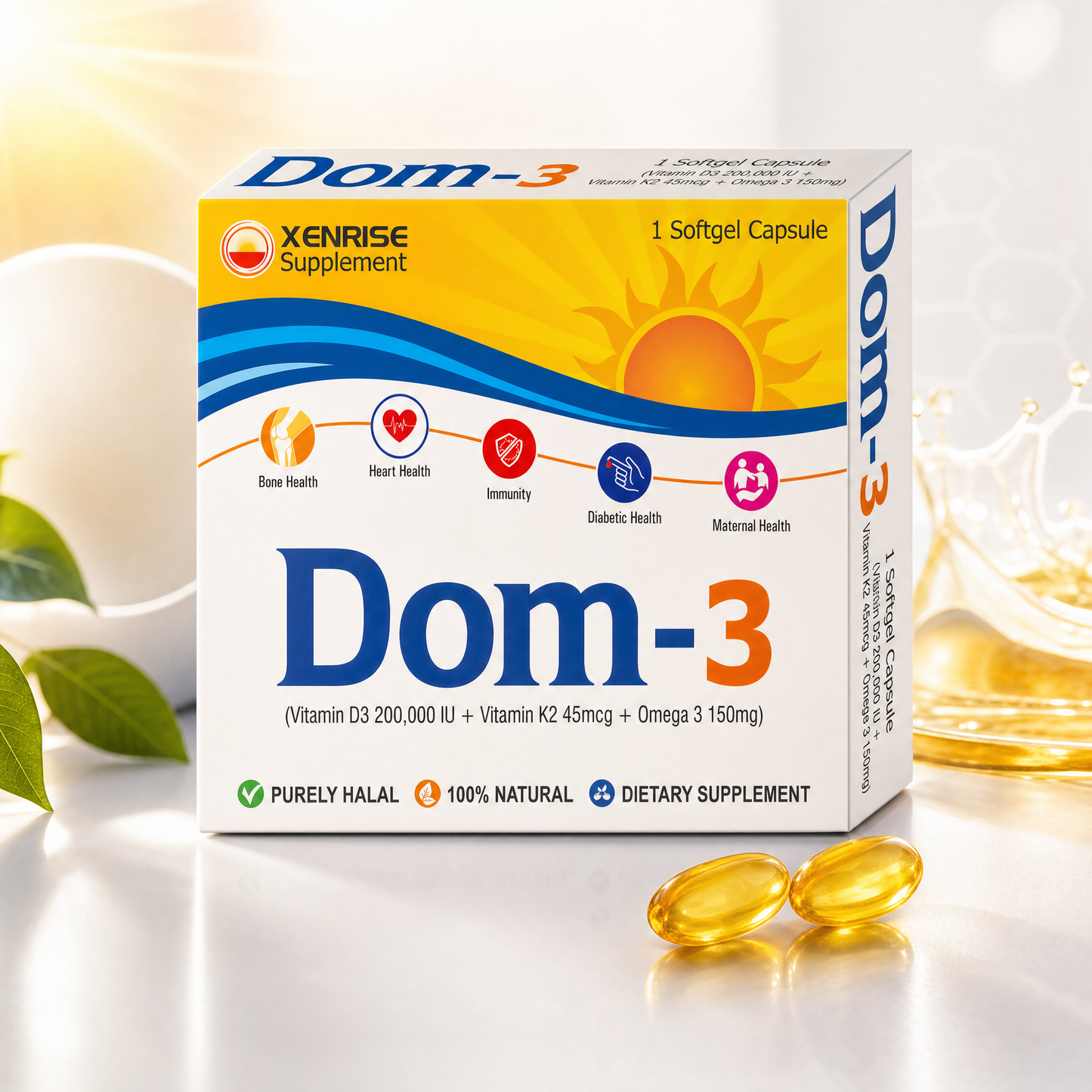 Dom-3 Softgel – Vitamin D3 200,000 IU + Vitamin K2 + Omega-3 | XENRISE Organica