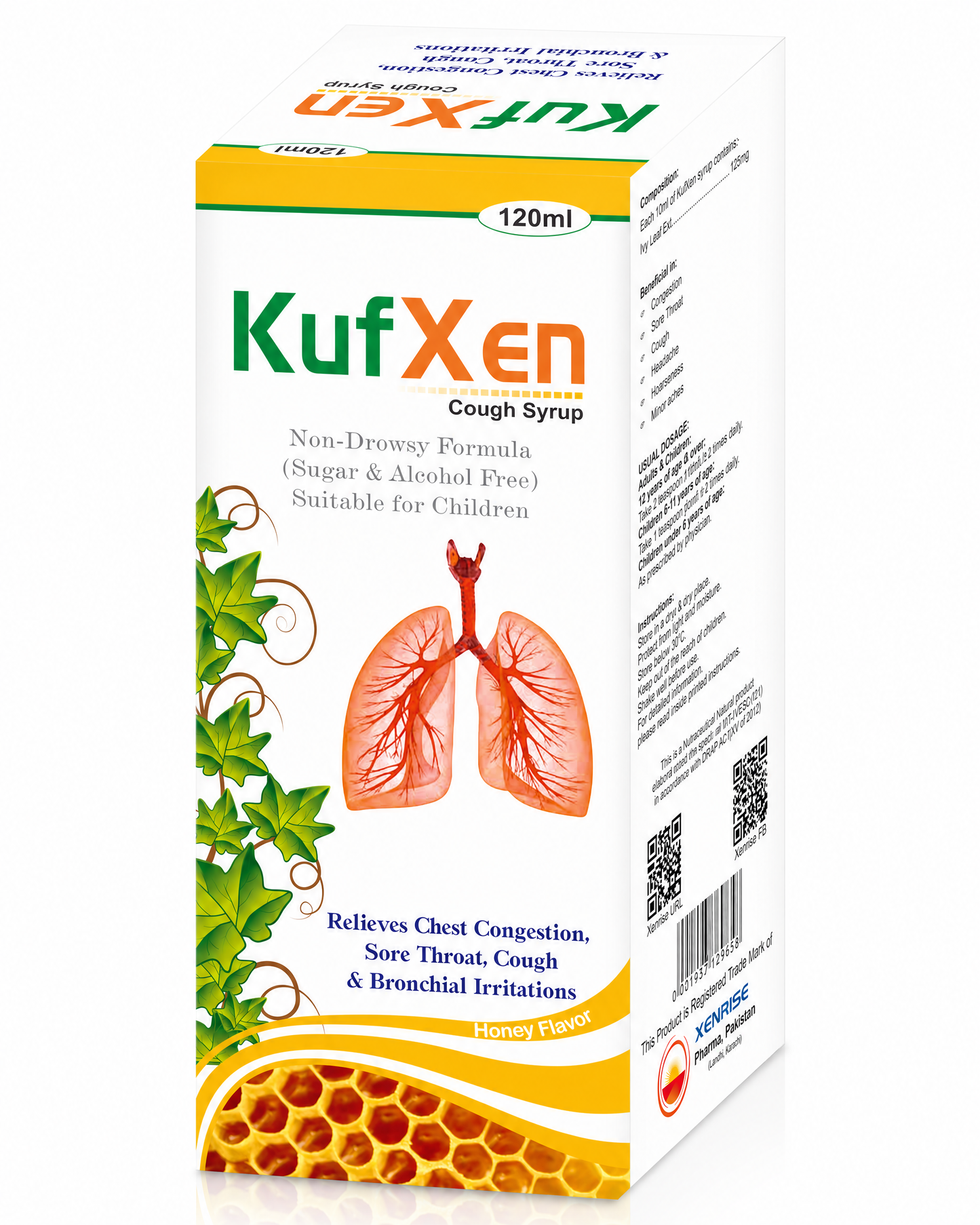KUFXEN PLUS COUGH SYRUP | English Ivy Leaf Extract with Honey Flavor | Non-Drowsy, Non-Alcoholic Respiratory Comfort Formula for Children & Adults | XENRISE Pharma, Pakistan