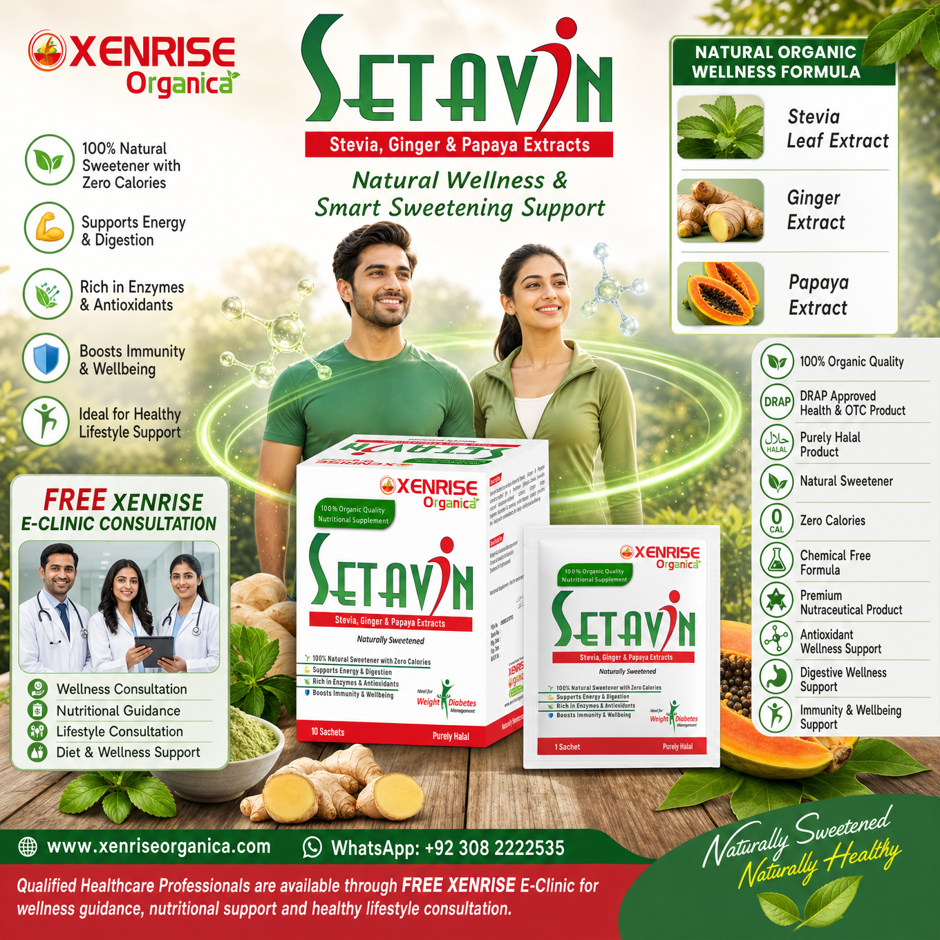 SETAVIN – Stevia, Ginger & Papaya Extracts | Naturally Sweetened Organic Supplement | XENRISE Organica