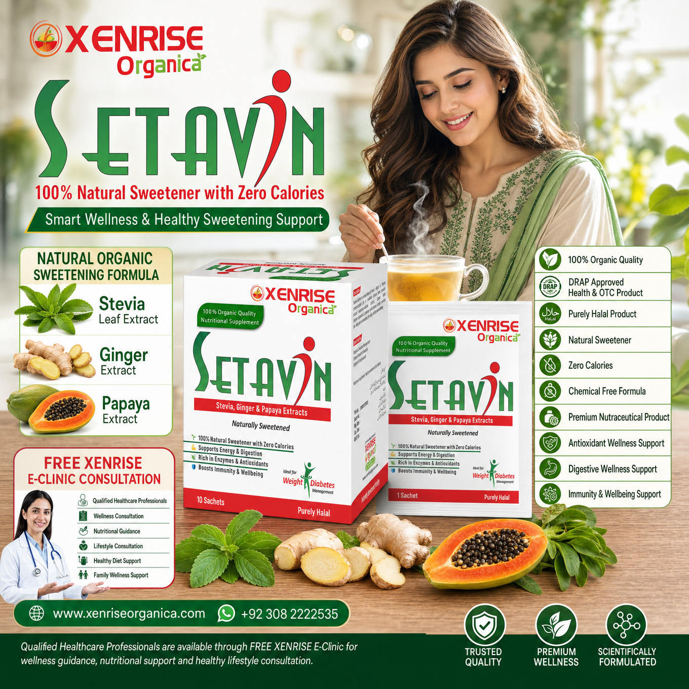 SETAVIN – Stevia, Ginger & Papaya Extracts | Naturally Sweetened Organic Supplement | XENRISE Organica