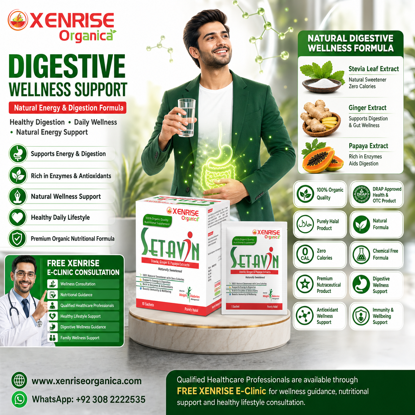 SETAVIN – Stevia, Ginger & Papaya Extracts | Naturally Sweetened Organic Supplement | XENRISE Organica