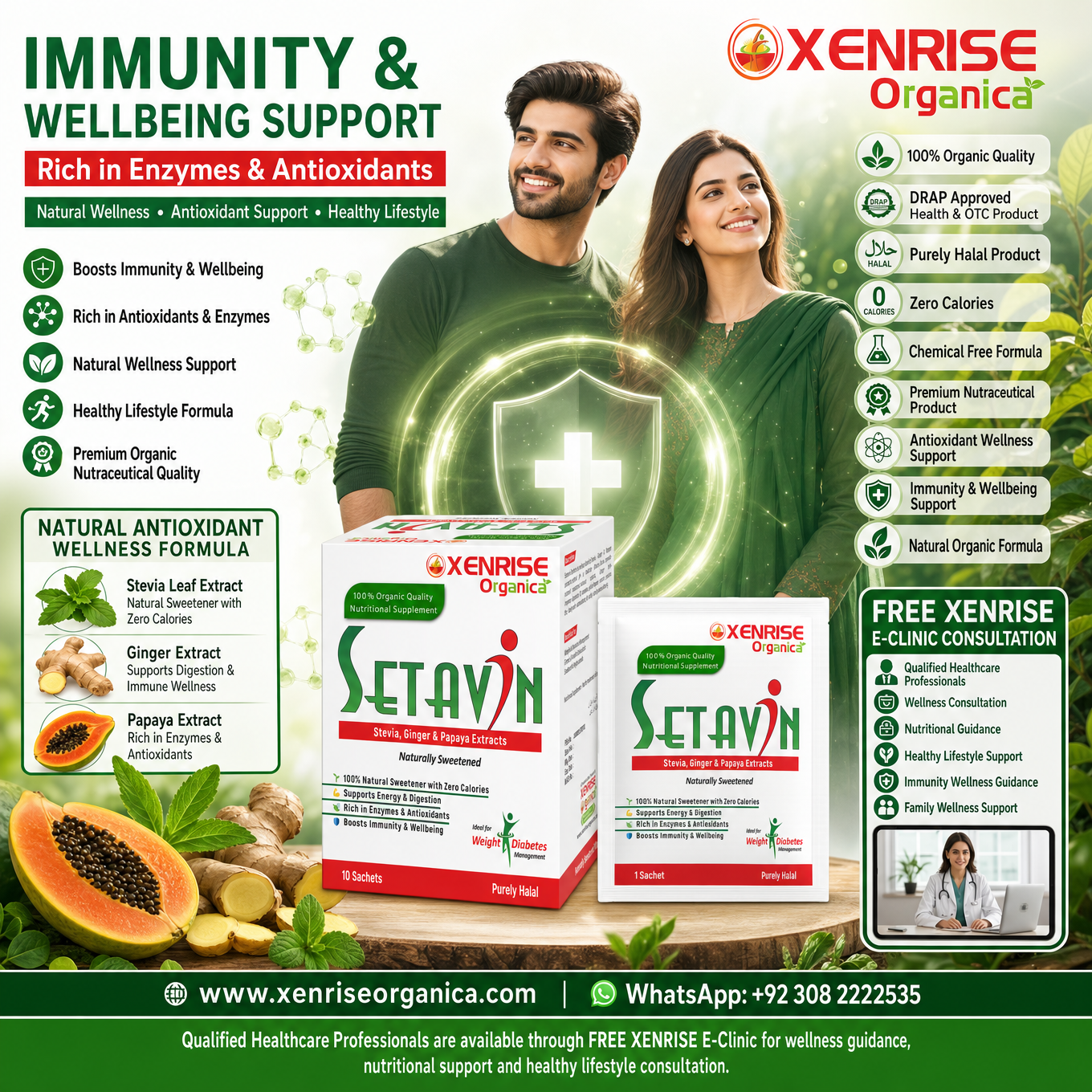 SETAVIN – Stevia, Ginger & Papaya Extracts | Naturally Sweetened Organic Supplement | XENRISE Organica