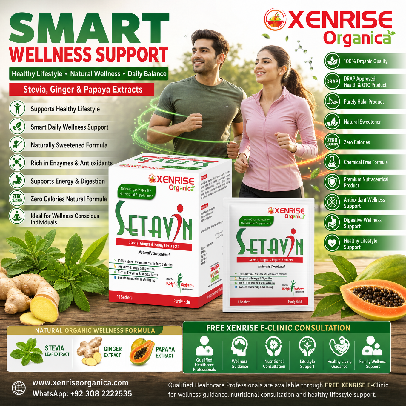 SETAVIN – Stevia, Ginger & Papaya Extracts | Naturally Sweetened Organic Supplement | XENRISE Organica