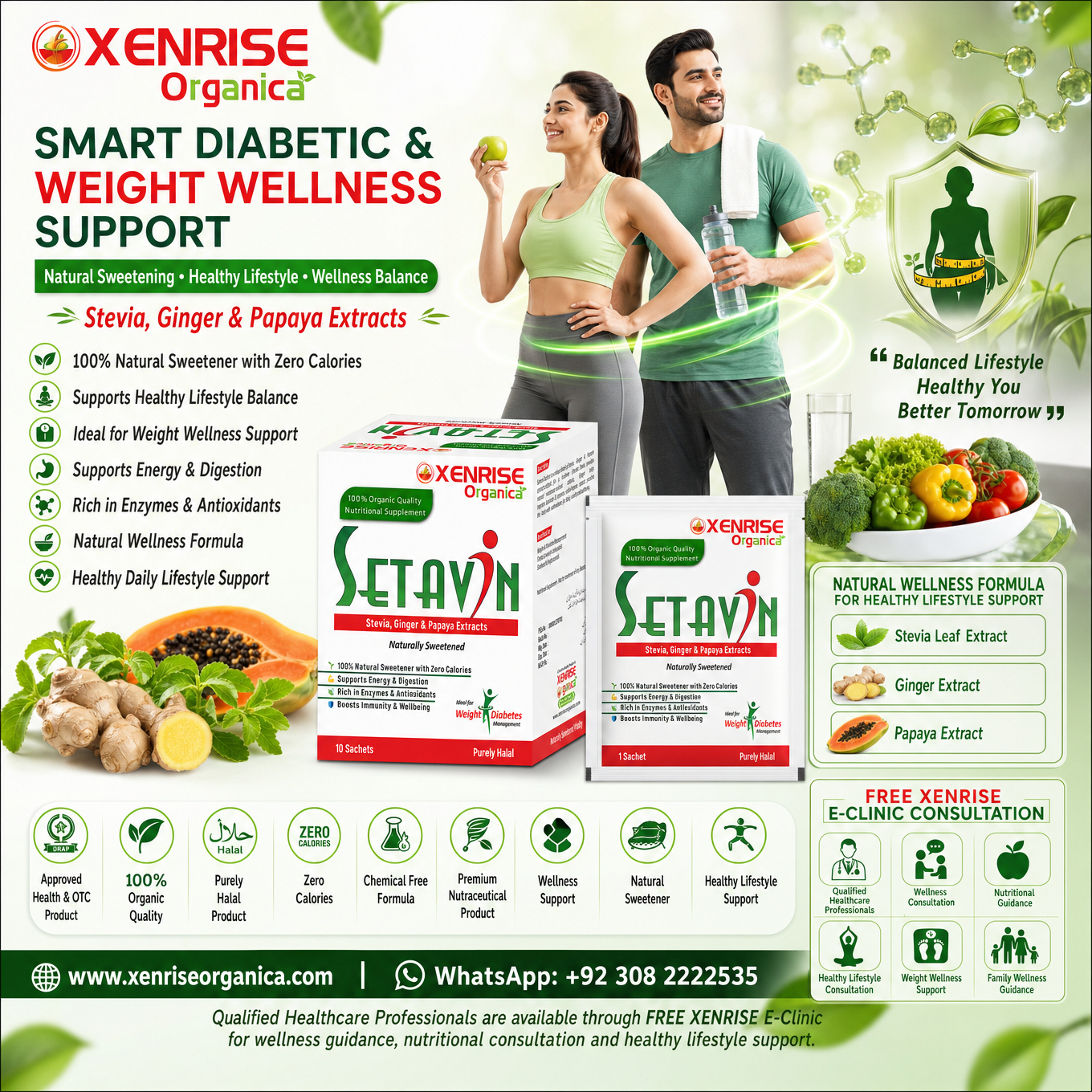 SETAVIN – Stevia, Ginger & Papaya Extracts | Naturally Sweetened Organic Supplement | XENRISE Organica